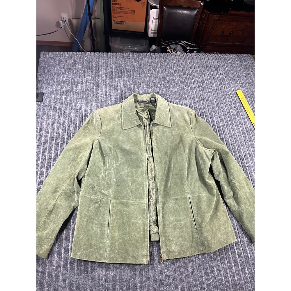Green Suede Leather Jacket Women 2X Full Zip Sage Coat Pockets Relativity